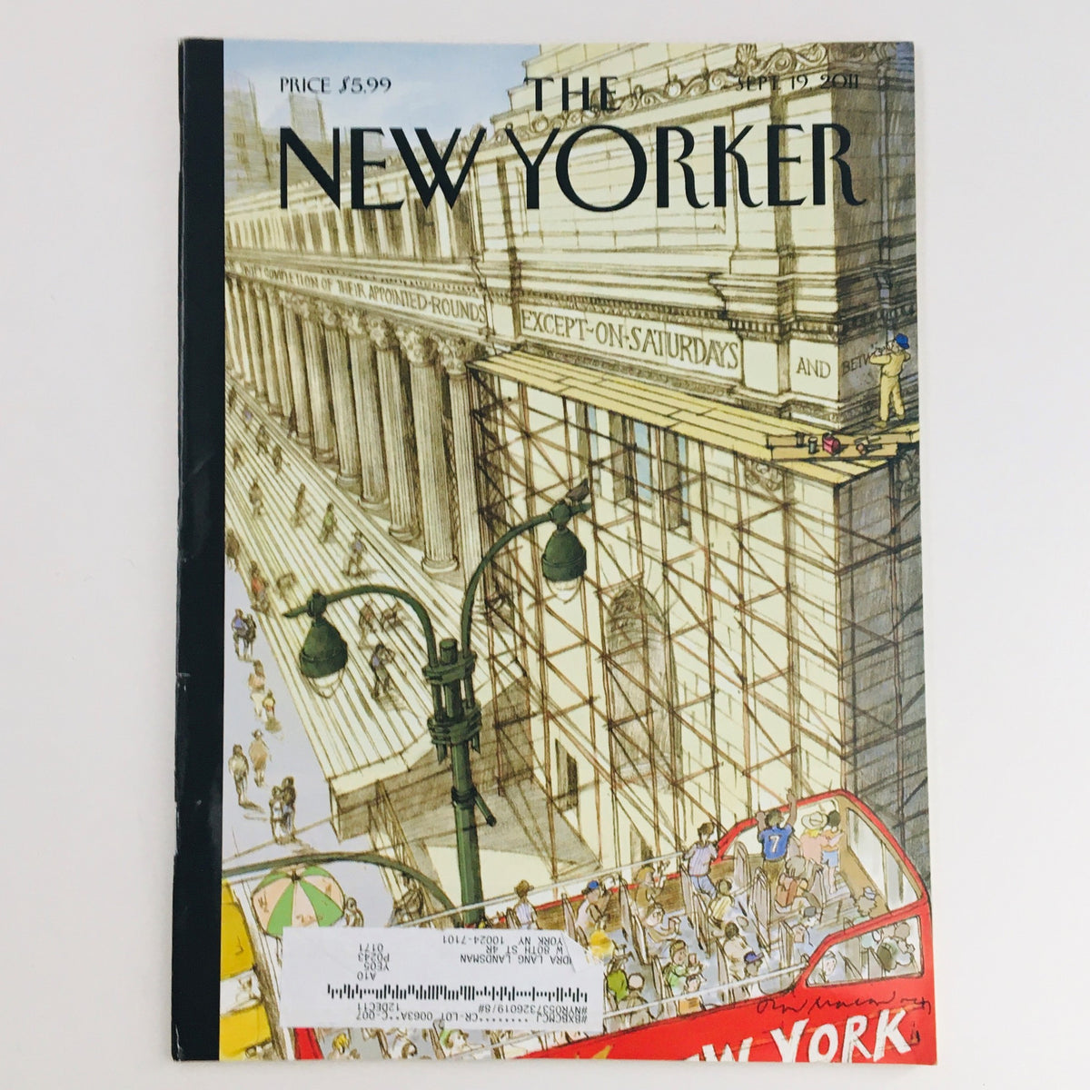 Cover of The New Yorker Magazine September 19 2011 featuring the artwork of David Macaulay, titled 'Lowered Expectations', showcasing an urban scene and characters in a vibrant city setting.
