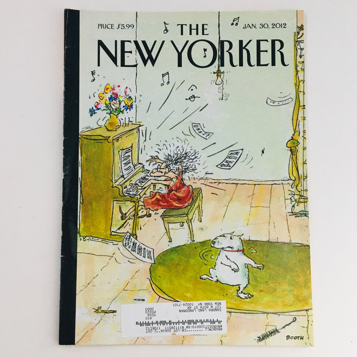 The New Yorker January 30 2012 Full Magazine Theme Cover by George Booth featuring a whimsical illustration of a girl playing piano amidst scattered music notes and a playful dog in the foreground.