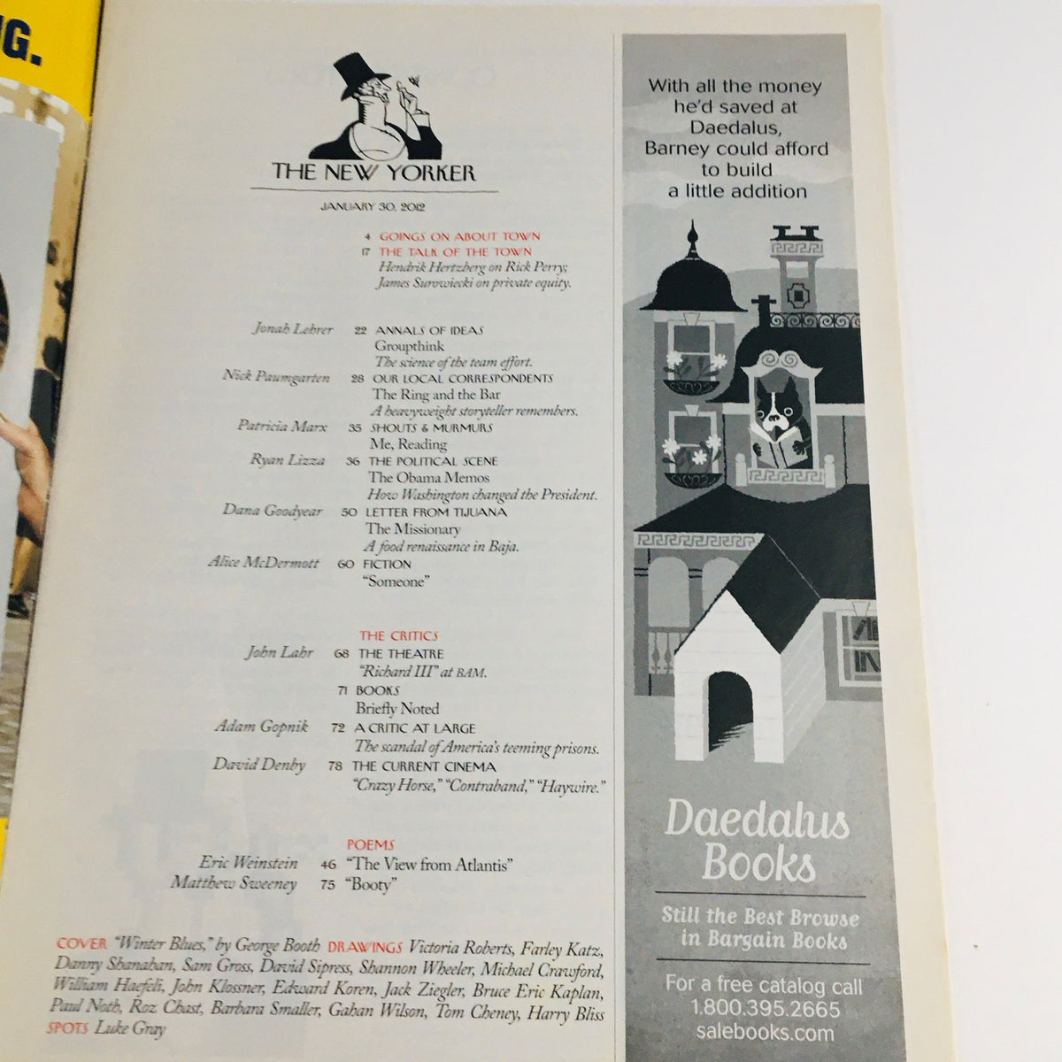 The New Yorker January 30 2012 inside cover showcasing the table of contents, highlighting articles and contributions along with the magazine's branding, published by The New Yorker.