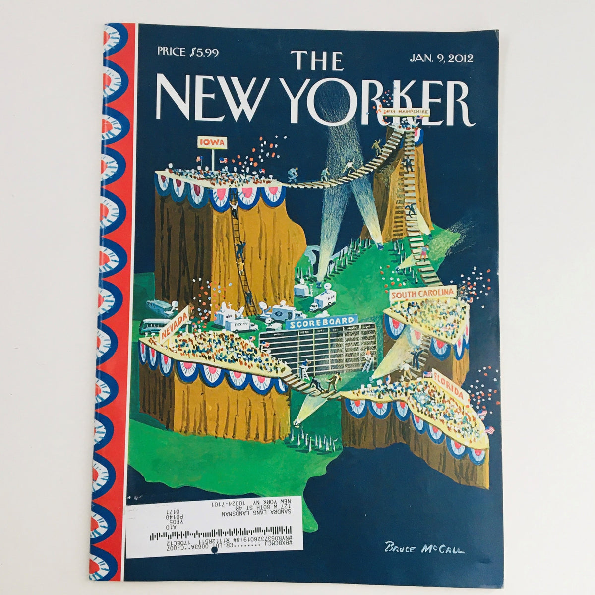 Cover of The New Yorker Magazine January 9 2012 featuring 'Chutes and Ladders' illustration by Bruce McCall with a colorful depiction of a whimsical landscape.