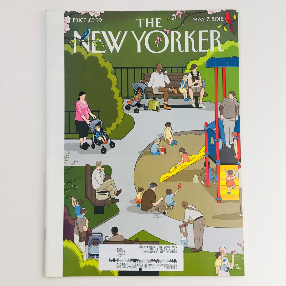 Cover of The New Yorker magazine, May 7, 2012, featuring colorful illustrations of families in a park setting, highlighting themes of motherhood.