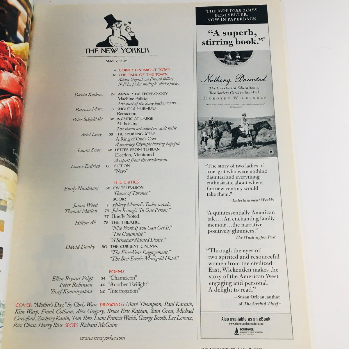 Interior page of The New Yorker magazine, May 7, 2012, showcasing the table of contents and articles, emphasizing literary excellence and cultural commentary.