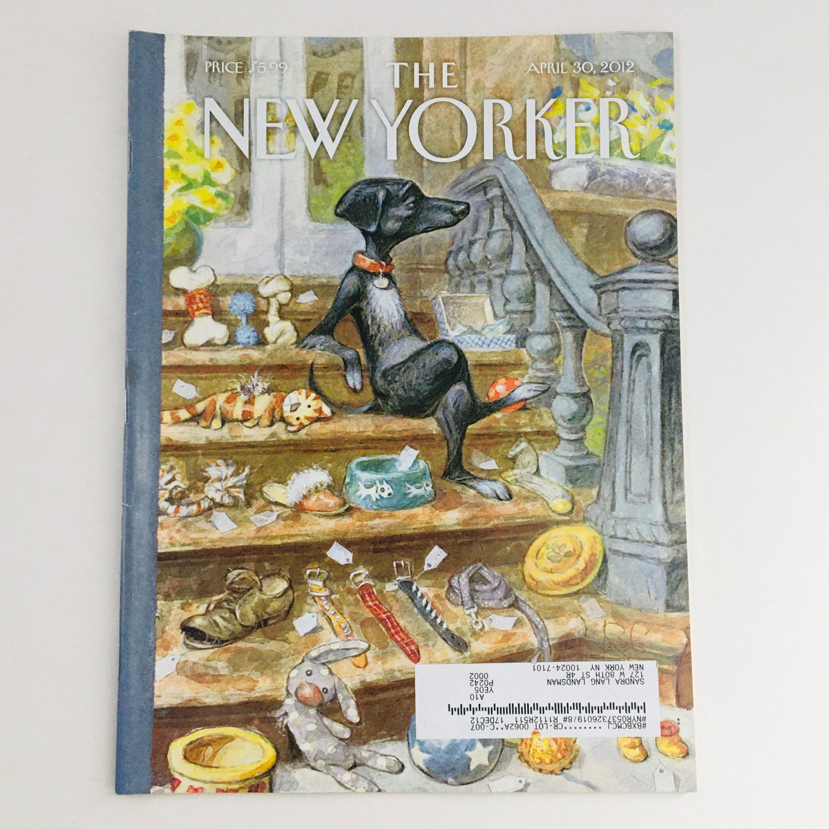 The New Yorker April 30 2012 Full Magazine Theme Cover by Peter de Sève featuring a whimsical illustration of a dog sitting on a staircase surrounded by vintage toys and collectibles.