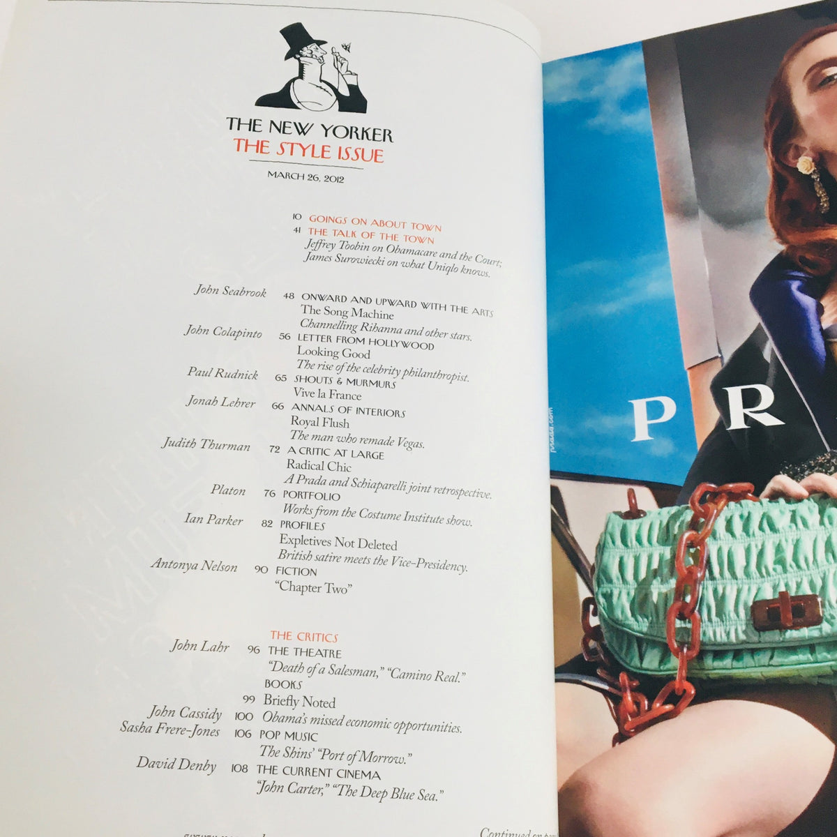 Interior page of The New Yorker March 26 2012 showcasing the table of contents, highlighting the diverse articles and features in this notable issue.