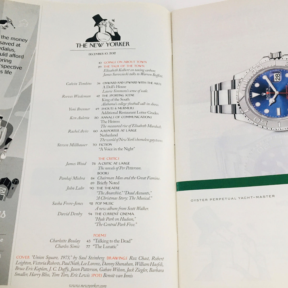 Table of contents for The New Yorker Magazine, December 10, 2012, featuring articles and contributions from various writers, alongside the cover art 'Union Square 1973' by Saul Steinberg.