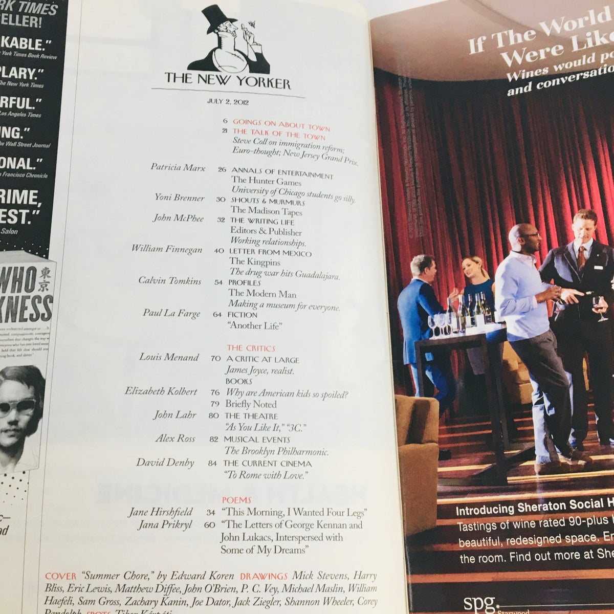 Inside page of The New Yorker Full Magazine July 2 2012, showcasing the table of contents and articles, highlighting the magazine's literary offerings and contributors.
