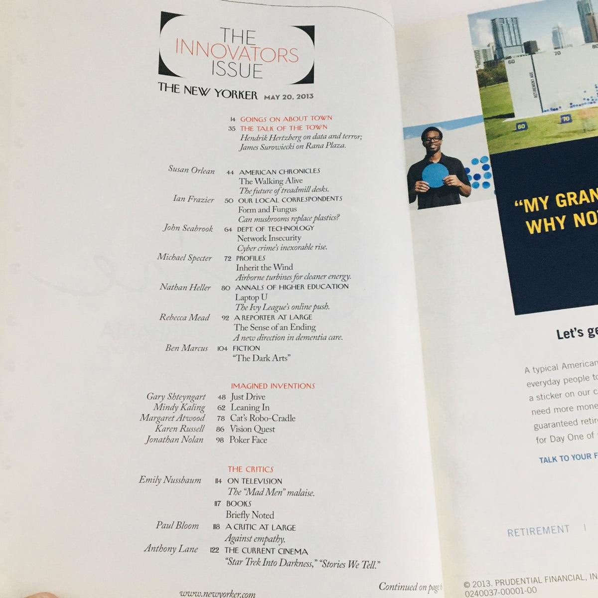 Inside page of The New Yorker May 20 2013 magazine showcasing the table of contents for 'The Innovators Issue', highlighting notable articles and contributors.