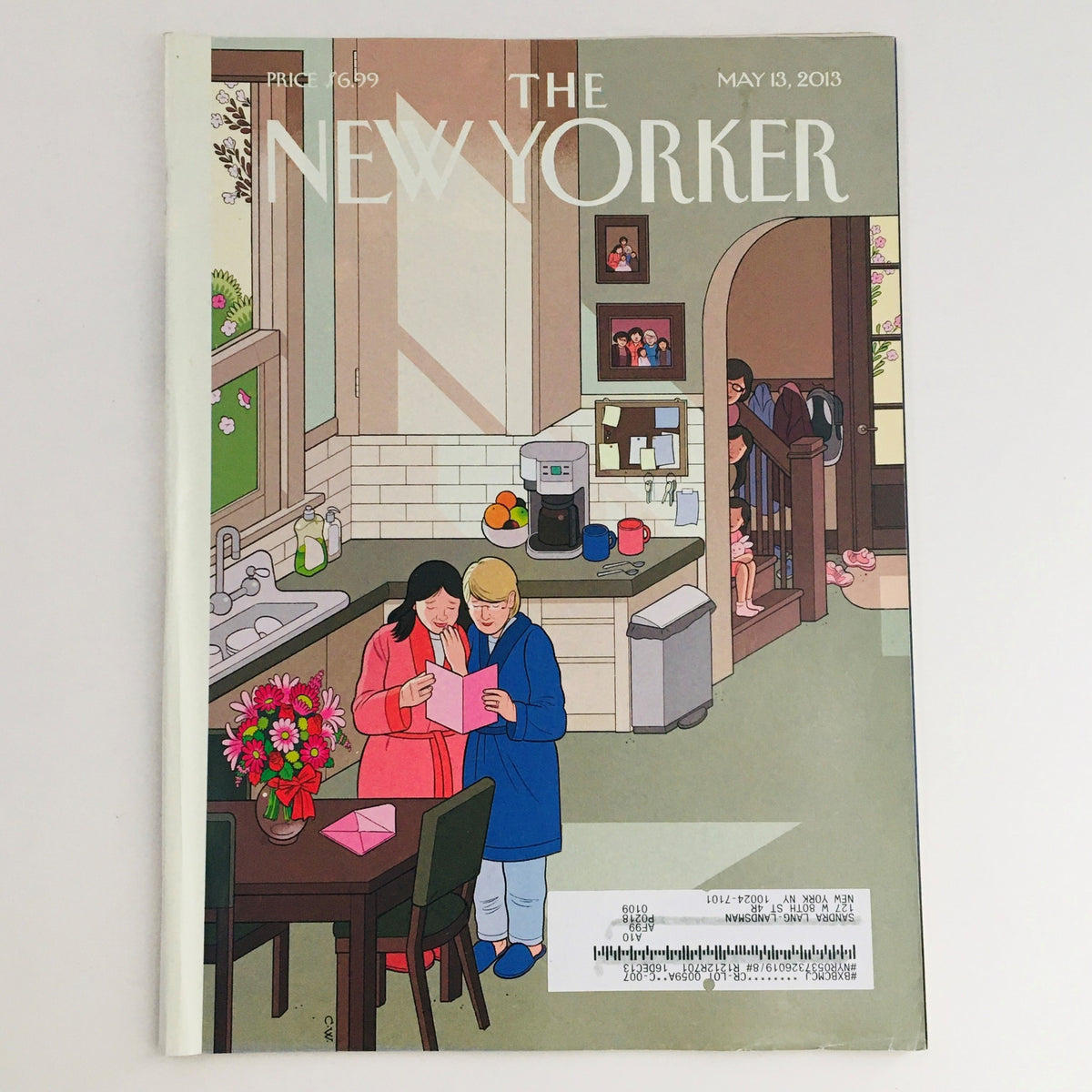 The New Yorker May 13 2013 full magazine cover designed by Chris Ware, featuring two women sharing a moment in a cozy interior setting, surrounded by colorful flowers and various personal elements that reflect contemporary life.