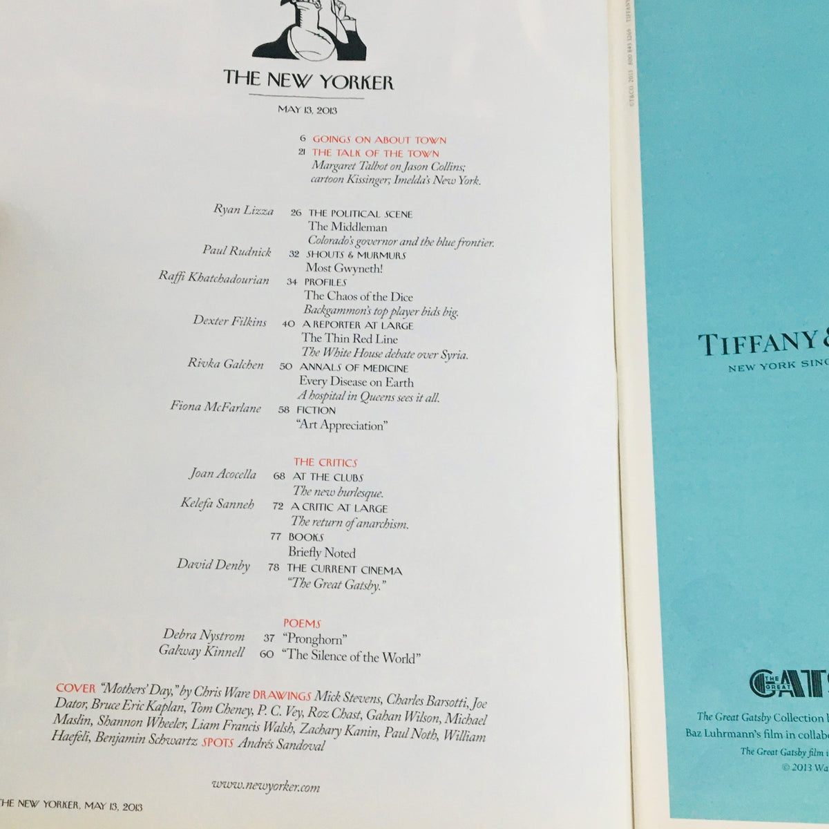 Inside pages of The New Yorker May 13 2013, showcasing the table of contents alongside the iconic masthead, highlighting articles and poetry featured in this vintage magazine with an emphasis on cultural commentary.