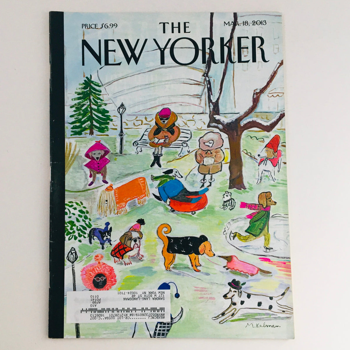 The New Yorker March 18 2013 Full Magazine Cover by Maira Kalman featuring colorful illustrations of people and dogs in a park setting, showcasing vibrant artistic elements.