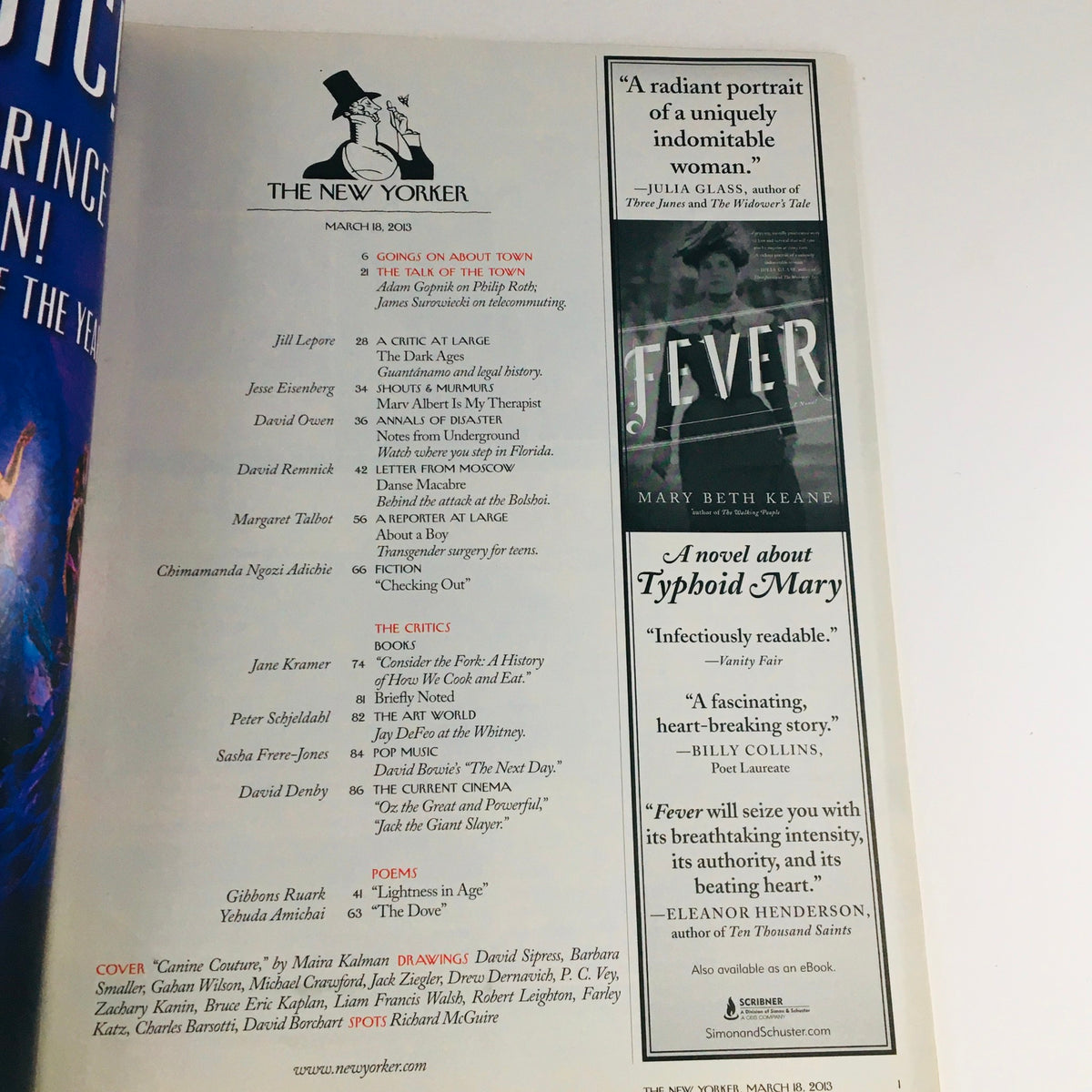 Inside page of The New Yorker March 18 2013 featuring articles and advertisements, highlighting a radiant portrait of women and literary content.