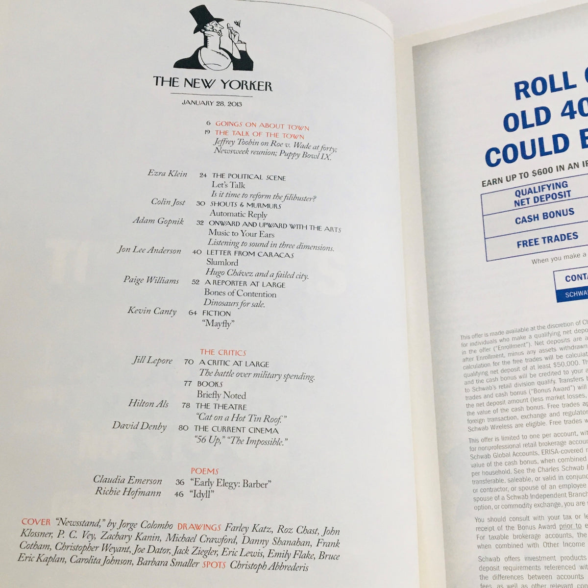 Interior page of The New Yorker January 28, 2013 listing contributors and articles. This page includes literary content and showcases the magazine's engaging themes and editorial style.