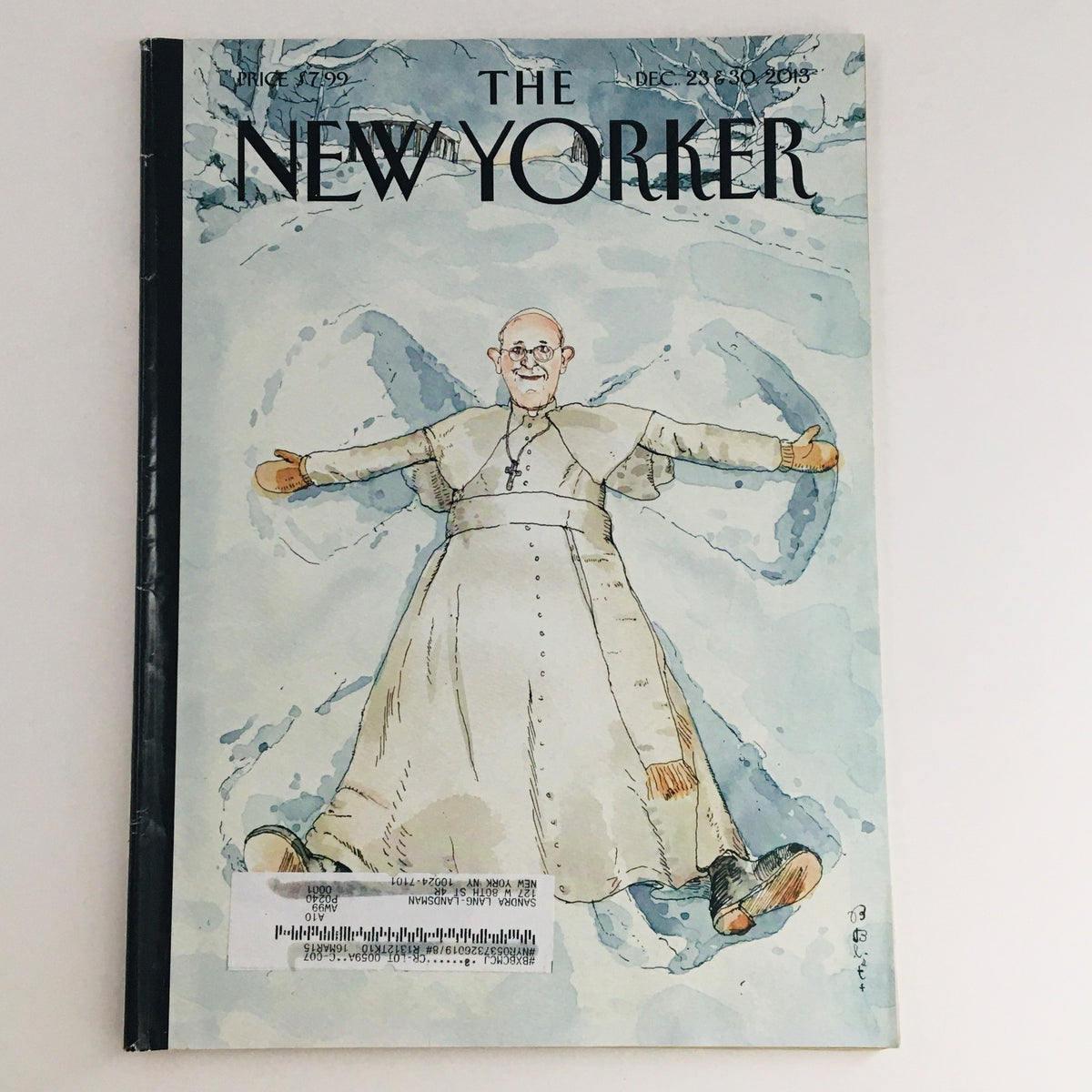 The New Yorker Magazine December 12, 2013 featuring a cover illustration of Pope Francis by Barry Blitt, showcasing a creative artistic design.