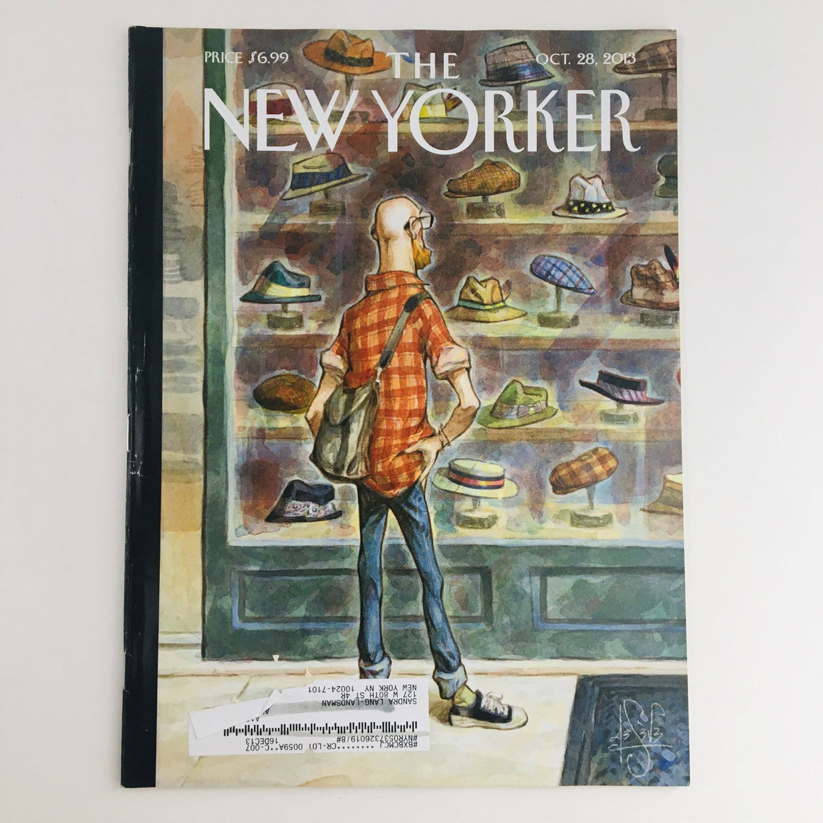 The New Yorker October 28 2013 magazine cover featuring a whimsical illustration by Peter de Sève, showcasing a character observing shoes in a shop window.