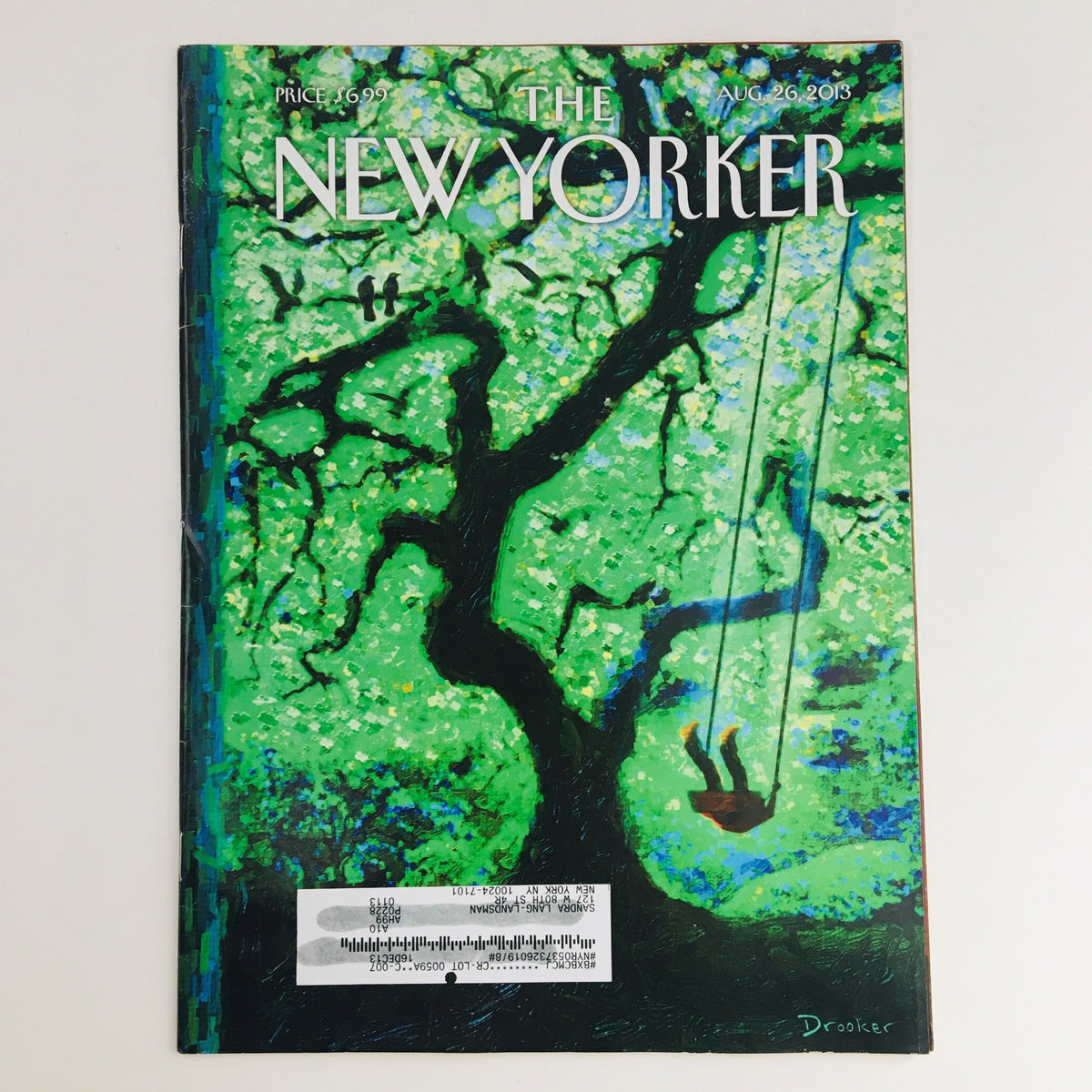 The New Yorker August 26 2013 Vintage Magazine cover featuring artwork by Eric Drooker, showcasing a vibrant green tree with a swing, reflecting contemporary arts and social themes.