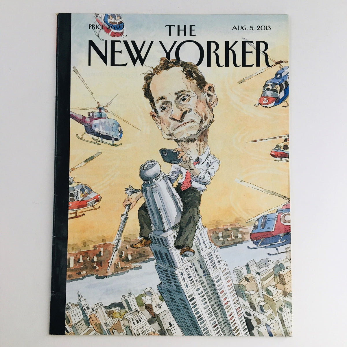 The New Yorker Magazine August 5 2013 Cover featuring Anthony Weiner illustration by John Cuneo, showcasing a caricature of Weiner amidst helicopters and the New York City skyline.