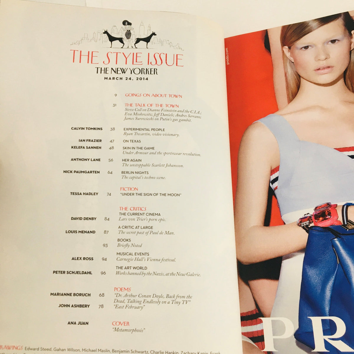 Interior page of The New Yorker March 24 2014 magazine highlighting 'The Style Issue' with various contributors and feature listings.