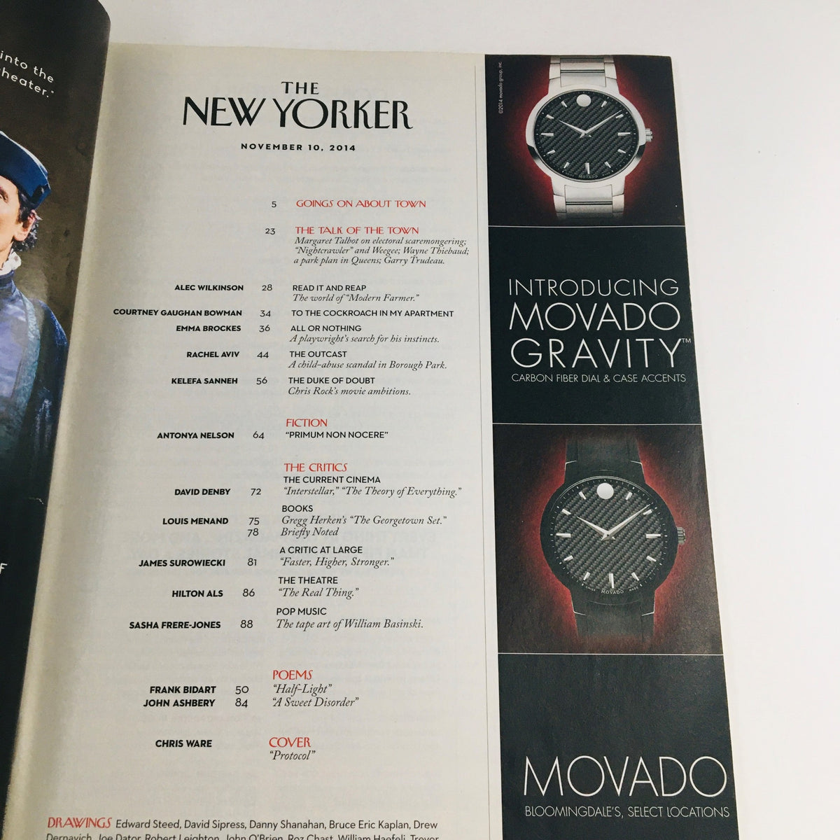 Inside view of The New Yorker November 10 2014, showcasing the table of contents with featured articles and advertising, highlighting the magazine's cultural relevance.