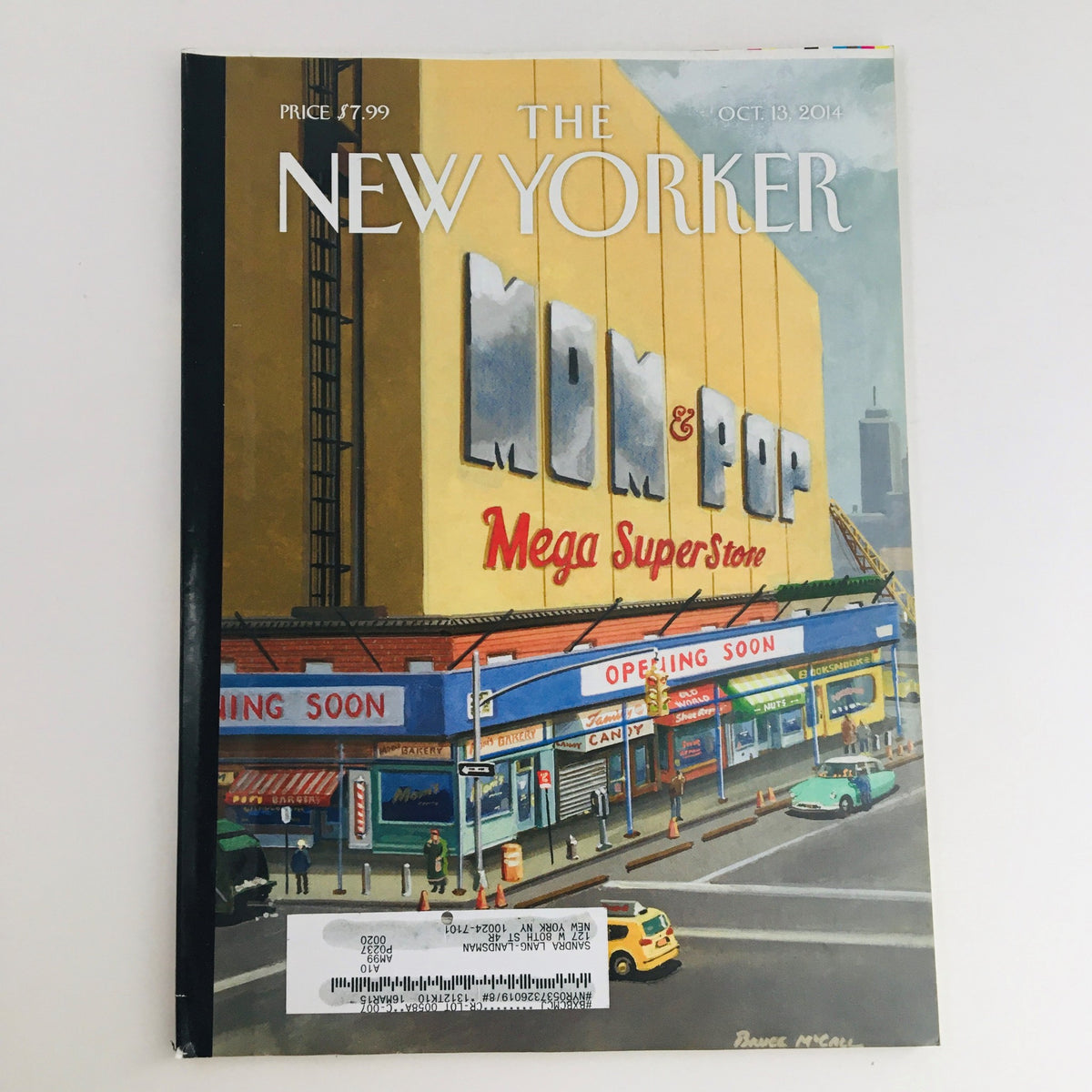 The New Yorker October 13 2014 Full Magazine cover illustrated by Bruce McCall, featuring a whimsical and colorful depiction of a grocery store setting with the title 'Mom & Pop Mega Superstore'.