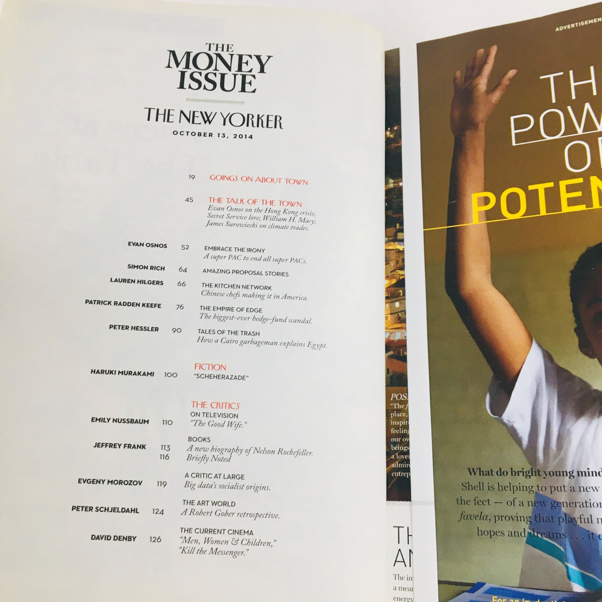 Table of contents from The New Yorker October 13, 2014 issue, titled 'The Money Issue', displaying featured articles by various authors including Evan Ginsberg and Jeffrey Frank.