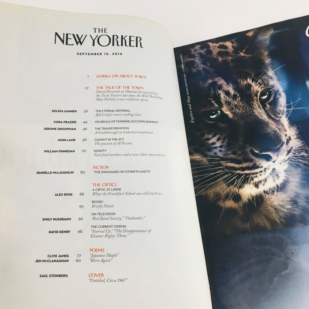 Inside view of The New Yorker September 15 2014 magazine displaying the table of contents, highlighting articles and the cover art by Saul Steinberg.
