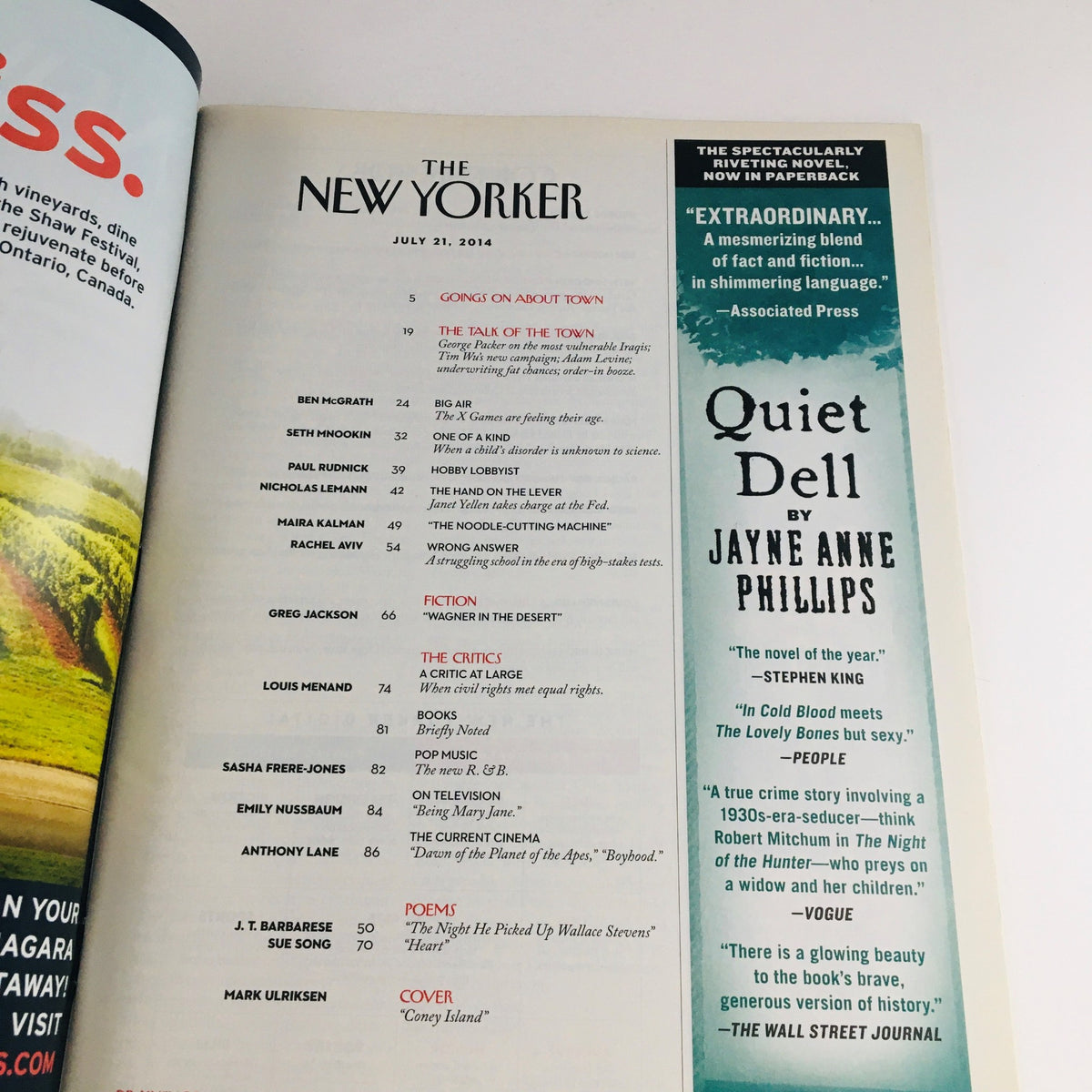 Interior page of The New Yorker July 21, 2014, displaying table of contents including features and articles alongside the prominent cover art by Mark Ulriksen.