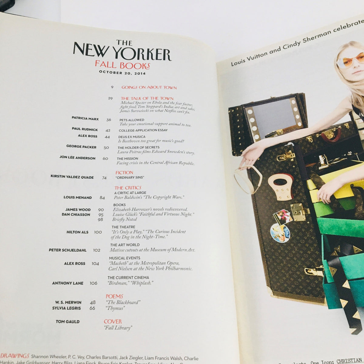 Inside page of The New Yorker October 20 2014 magazine, showcasing the table of contents alongside a stylish advertisement featuring Louis Vuitton.