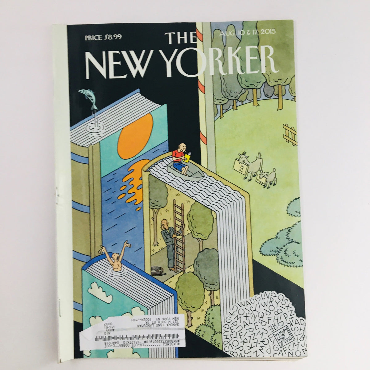 The New Yorker August 10 2015 magazine cover illustrated by Joost Swarte, featuring whimsical art with books and characters in a colorful landscape.