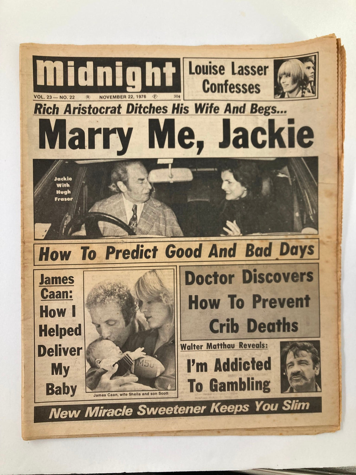 Midnight Tabloid November 22 1976 Vol 23 #22 featuring Jackie Kennedy and Hugh Fraser, showcasing intriguing headlines and vintage design, perfect for collectors of historical publications.