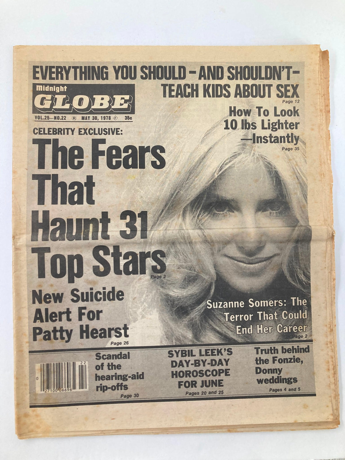 Midnight Globe Tabloid May 30 1978 Vol 25 #22 featuring Suzanne Somers on the cover with an article titled 'The Fears That Haunt 31 Top Stars'. The tabloid discusses a new suicide alert for Patty Hearst and offers insights into celebrity news.
