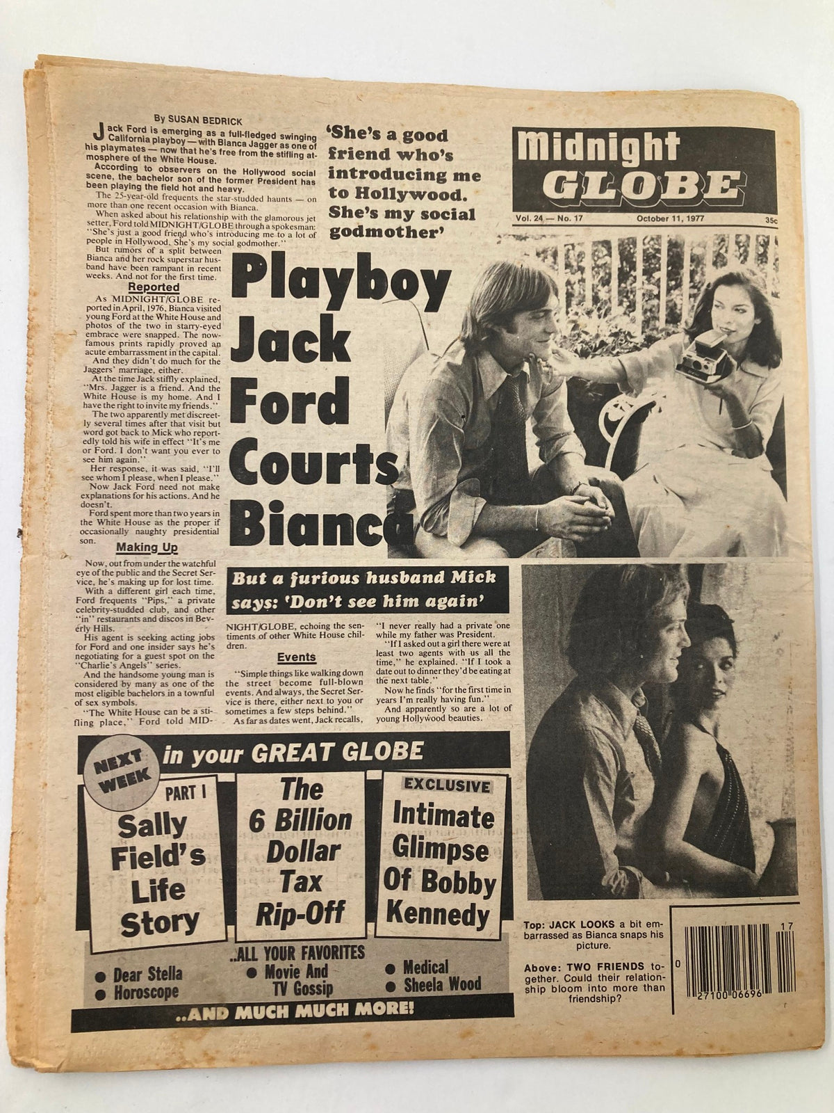 Back cover of Midnight Globe Tabloid October 11 1977 Vol 24 #17 showcasing a feature on Jack Ford courting Bianca Jagger. Highlights include excerpts about Hollywood and personal stories from the era.