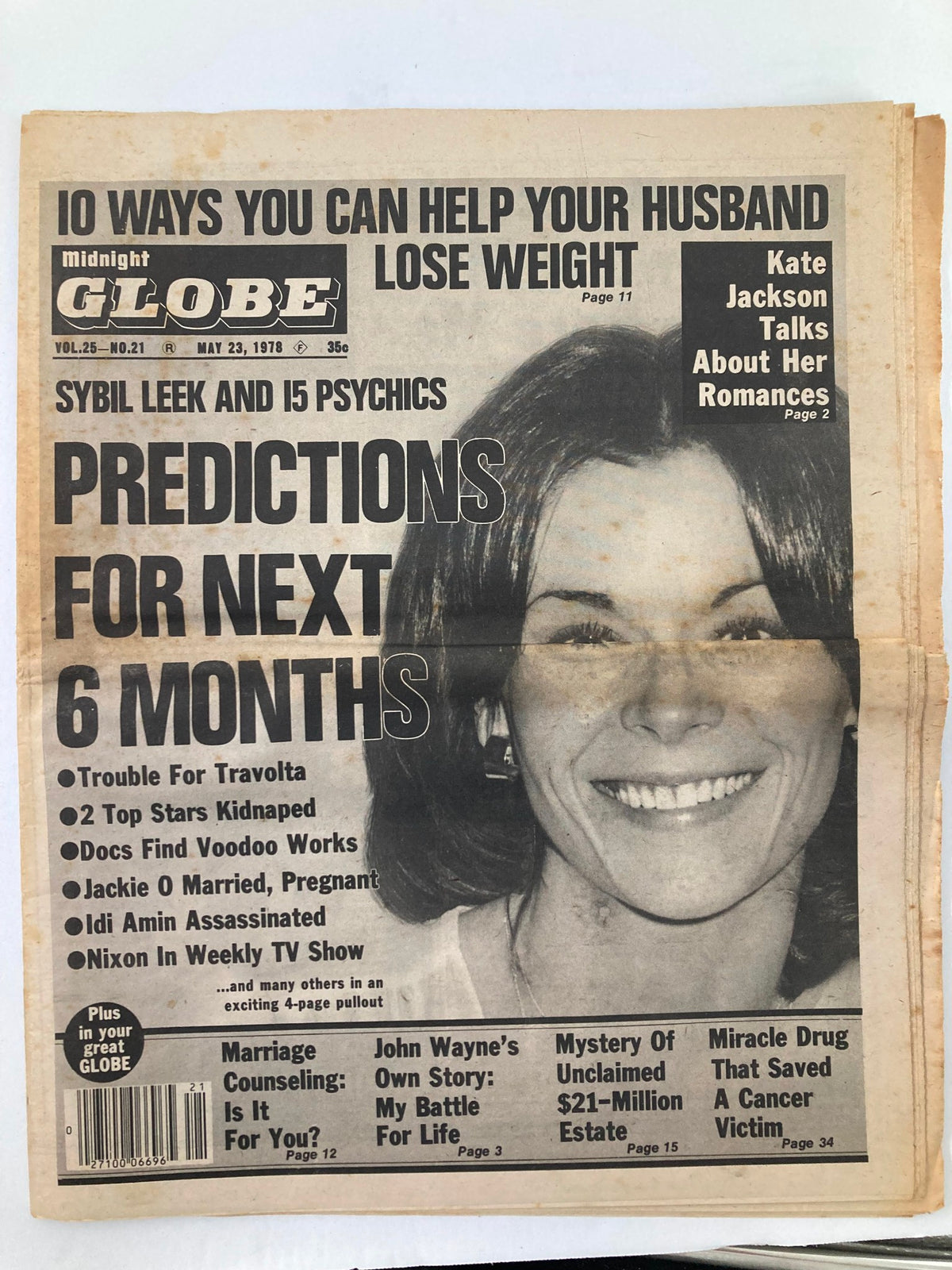 Midnight Globe Tabloid cover from May 23, 1978, featuring Sybil Leek and Kate Jackson. The cover highlights predictions for the next six months and includes topics like 'Top Stars Kidnapped' and 'Miracle Drug Could Save Cancer Victim.' The tabloid showcases a vintage design representative of the era.