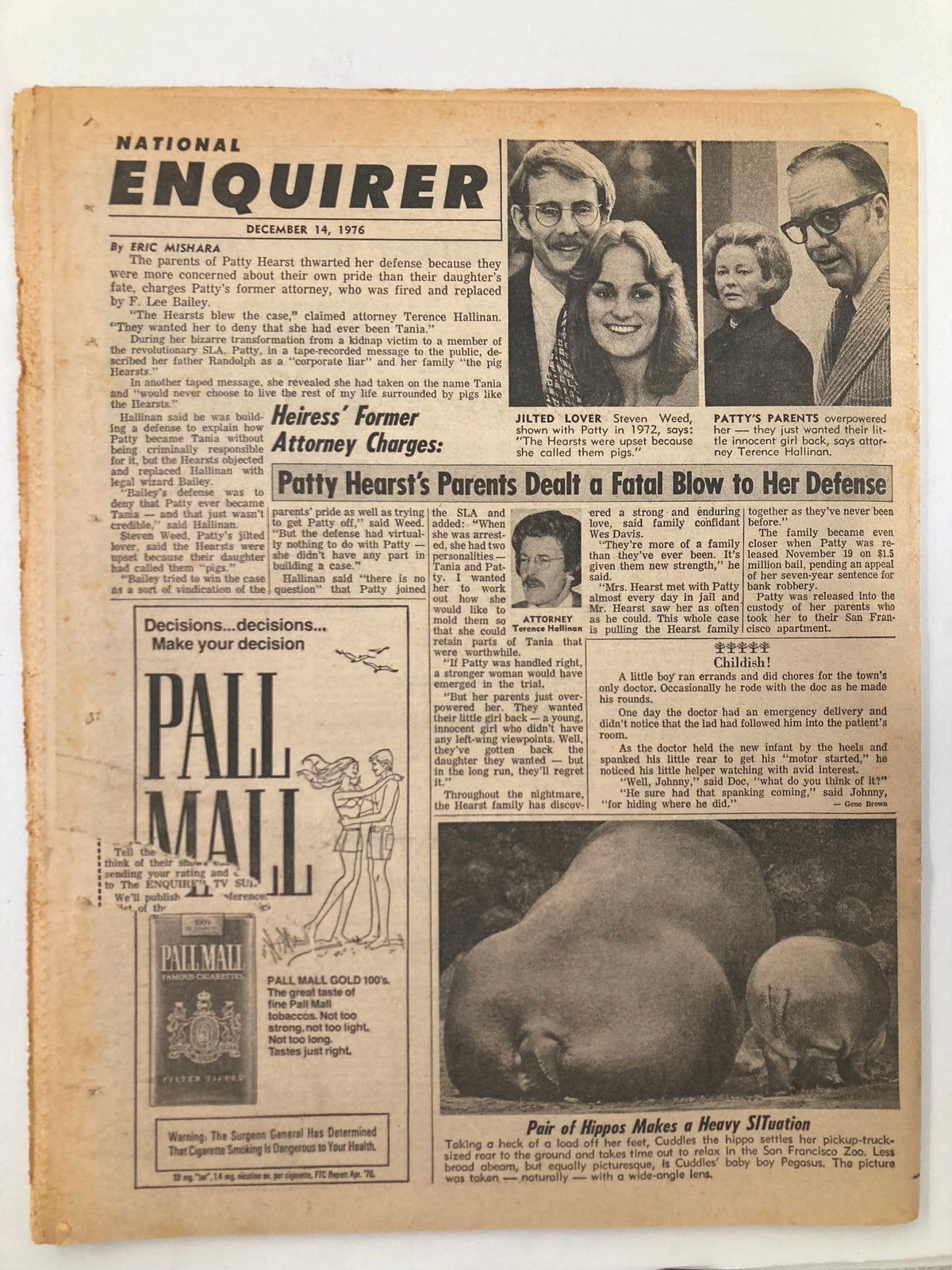 National Enquirer Tabloid December 14 1976 showcasing headlines about Patty Hearst's attorney charges and a feature on her parents' legal battles.