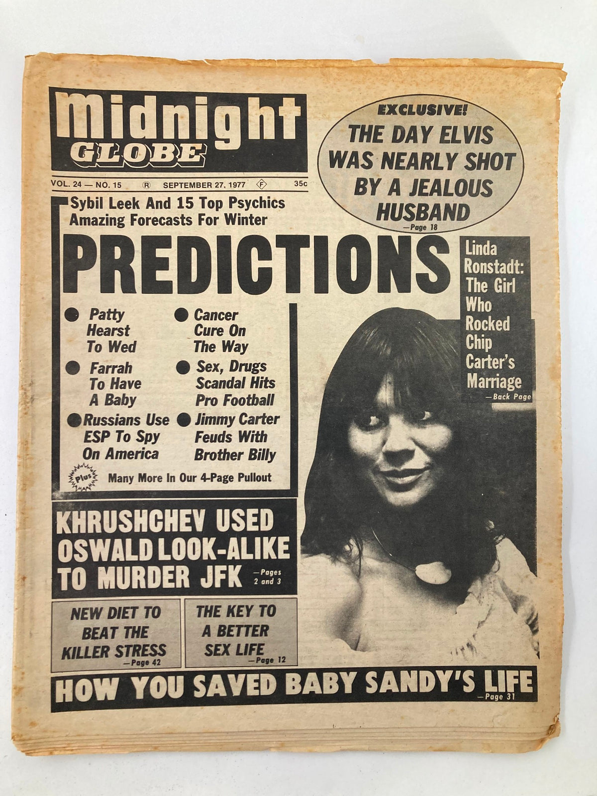 Midnight Globe Tabloid, September 27, 1977, Vol 24 #15 featuring Linda Ronstadt and Elvis Presley on the front cover, highlighting predictions and exclusive stories.