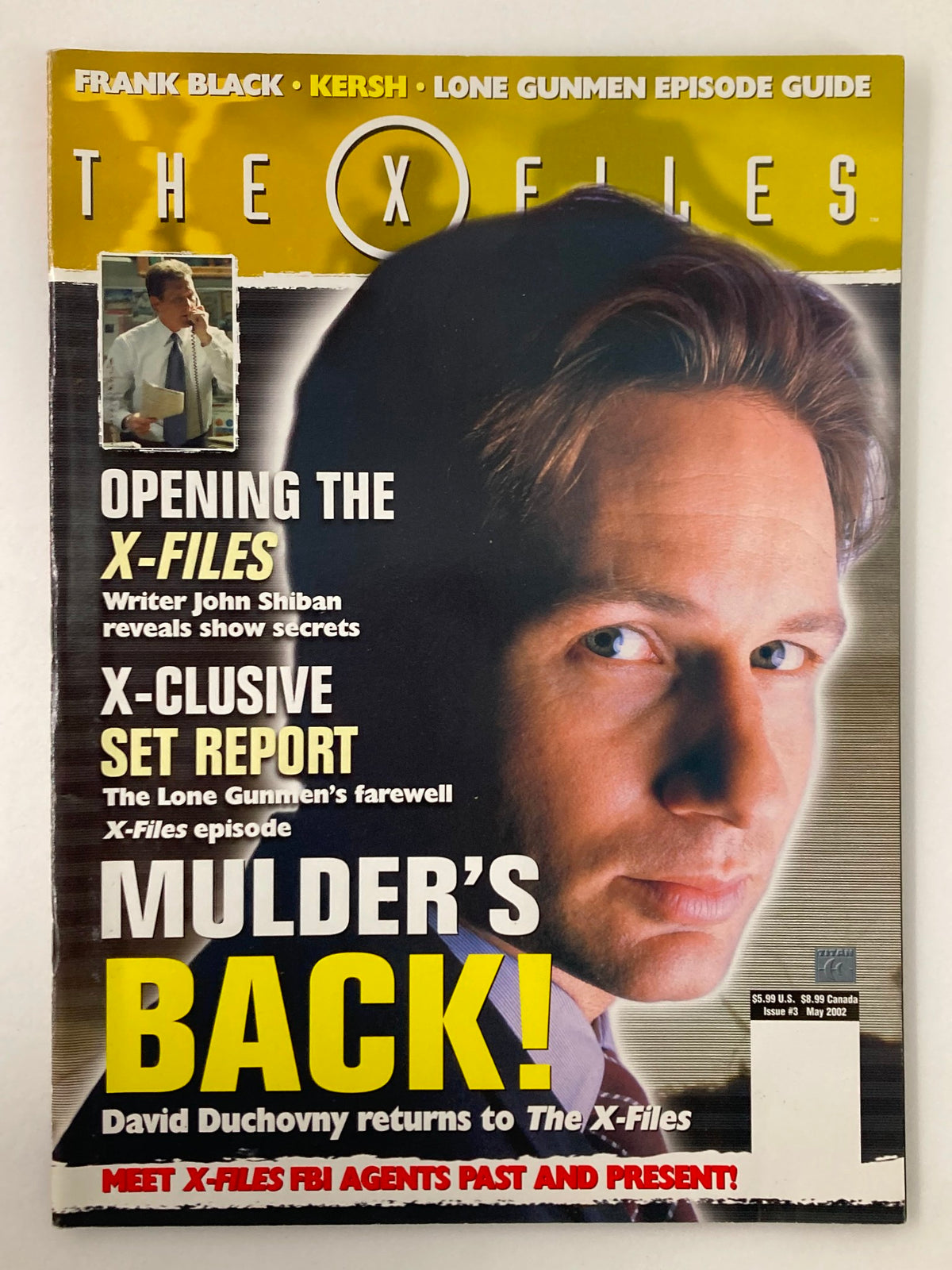 The X-Files Magazine May 2002 #3 featuring David Duchovny on the cover, highlighting his return to The X-Files with the headline 'Mulder's Back' and articles by writer John Shiban.