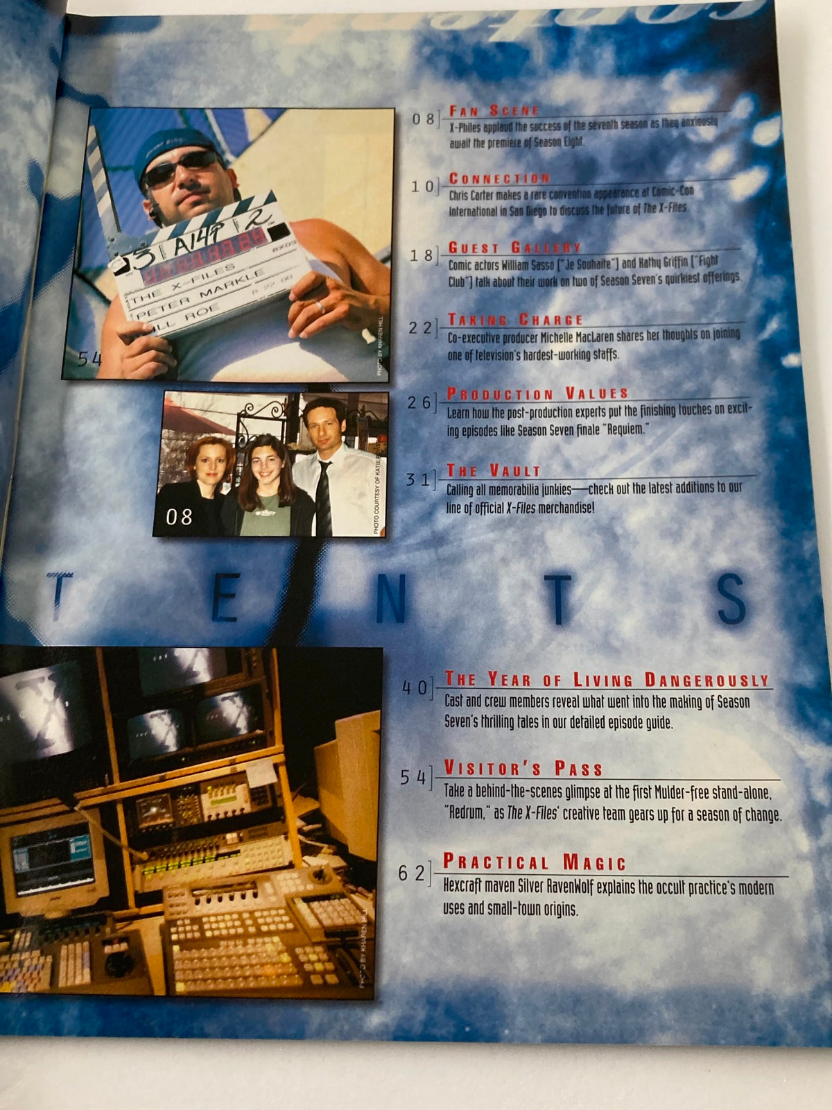 Table of contents page from The X-Files Magazine, Fall 2000 listing features including backstage insights and episode guides, contributing to the allure of this vintage collectible.