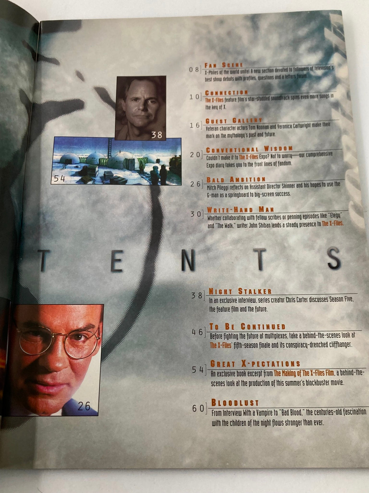 Table of contents page from The X-Files Magazine Summer 1998, displaying article titles and featured content related to the show.
