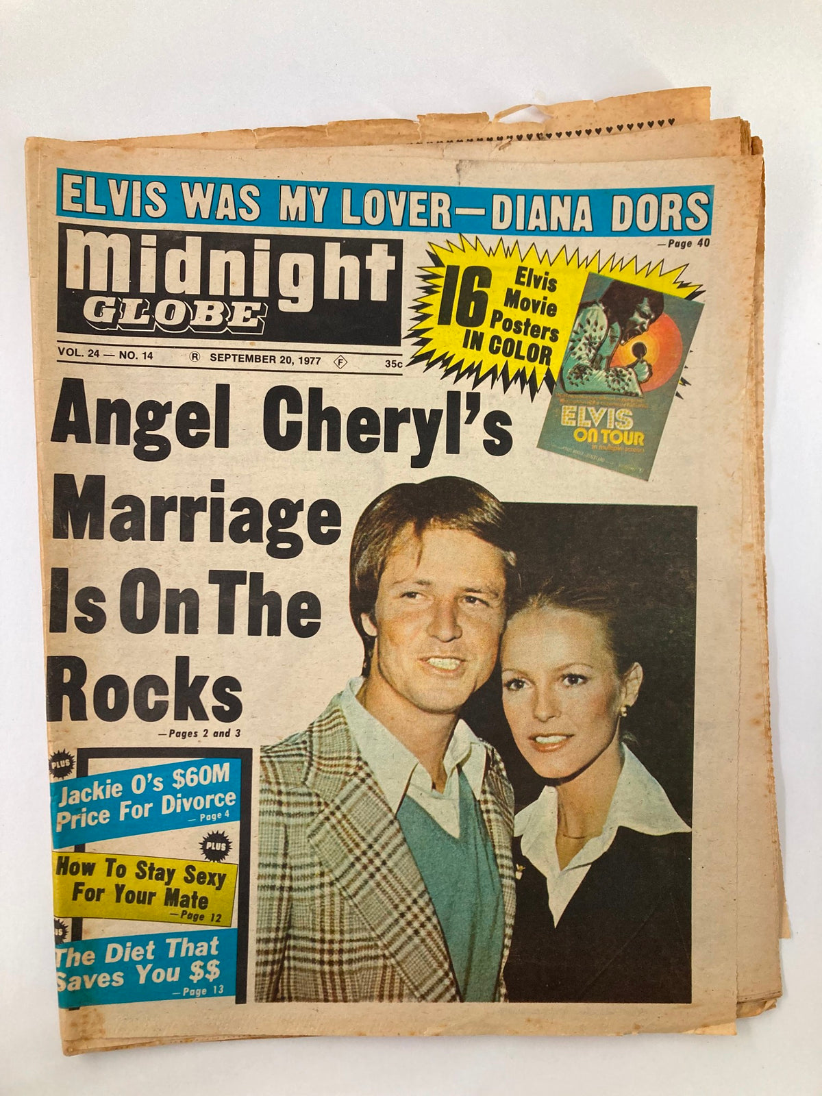 Cover of Midnight Globe Tabloid September 20 1977 Vol 24 #14 featuring Elvis Presley and Diana Dors with a story about marriage issues.