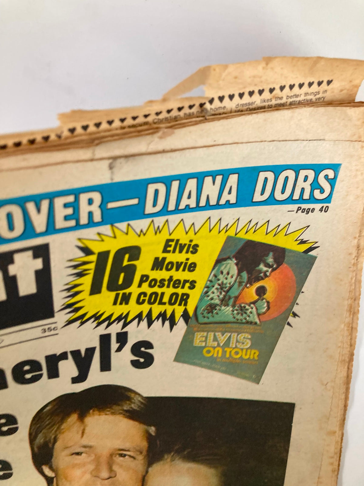 Detail from Midnight Globe Tabloid September 20 1977, highlighting 16 Elvis movie posters in color, prominently featuring Elvis Presley.