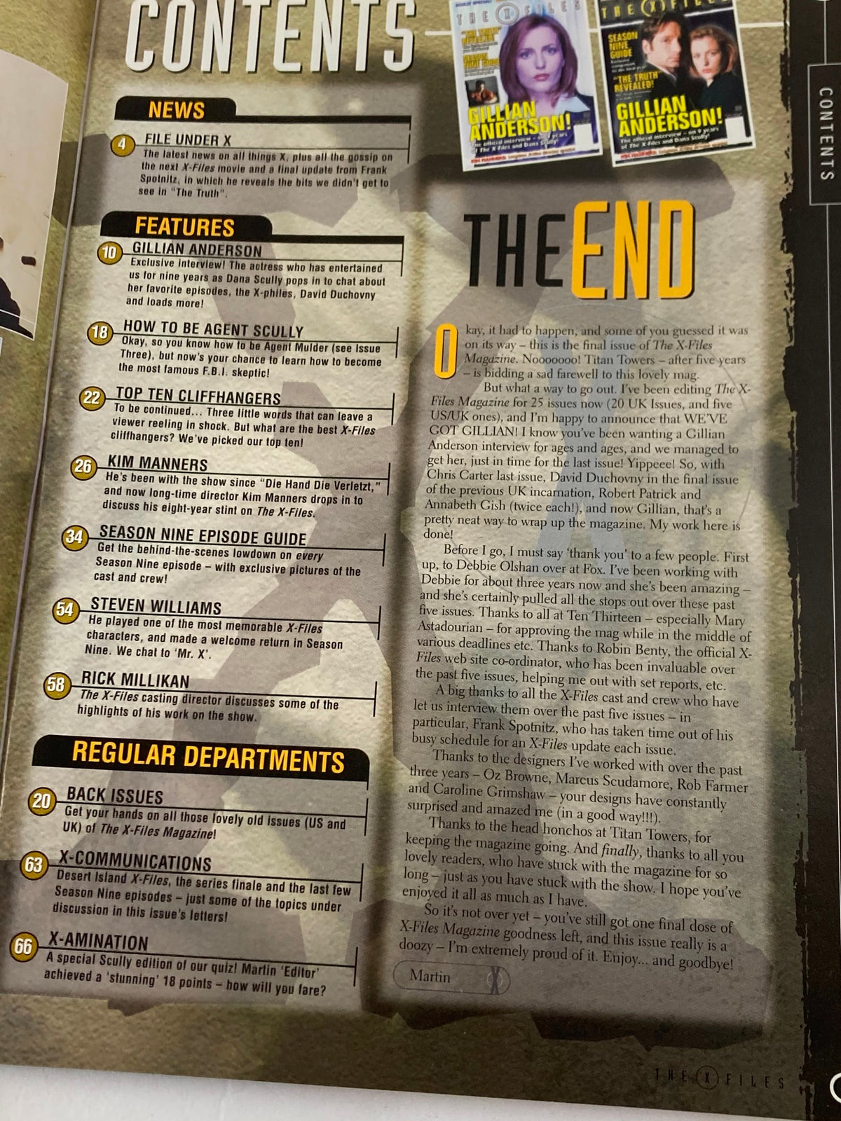 Contents page of The X-Files Magazine September 2002 #5, showcasing articles featuring Gillian Anderson, top ten cliffhangers, and regular departments.