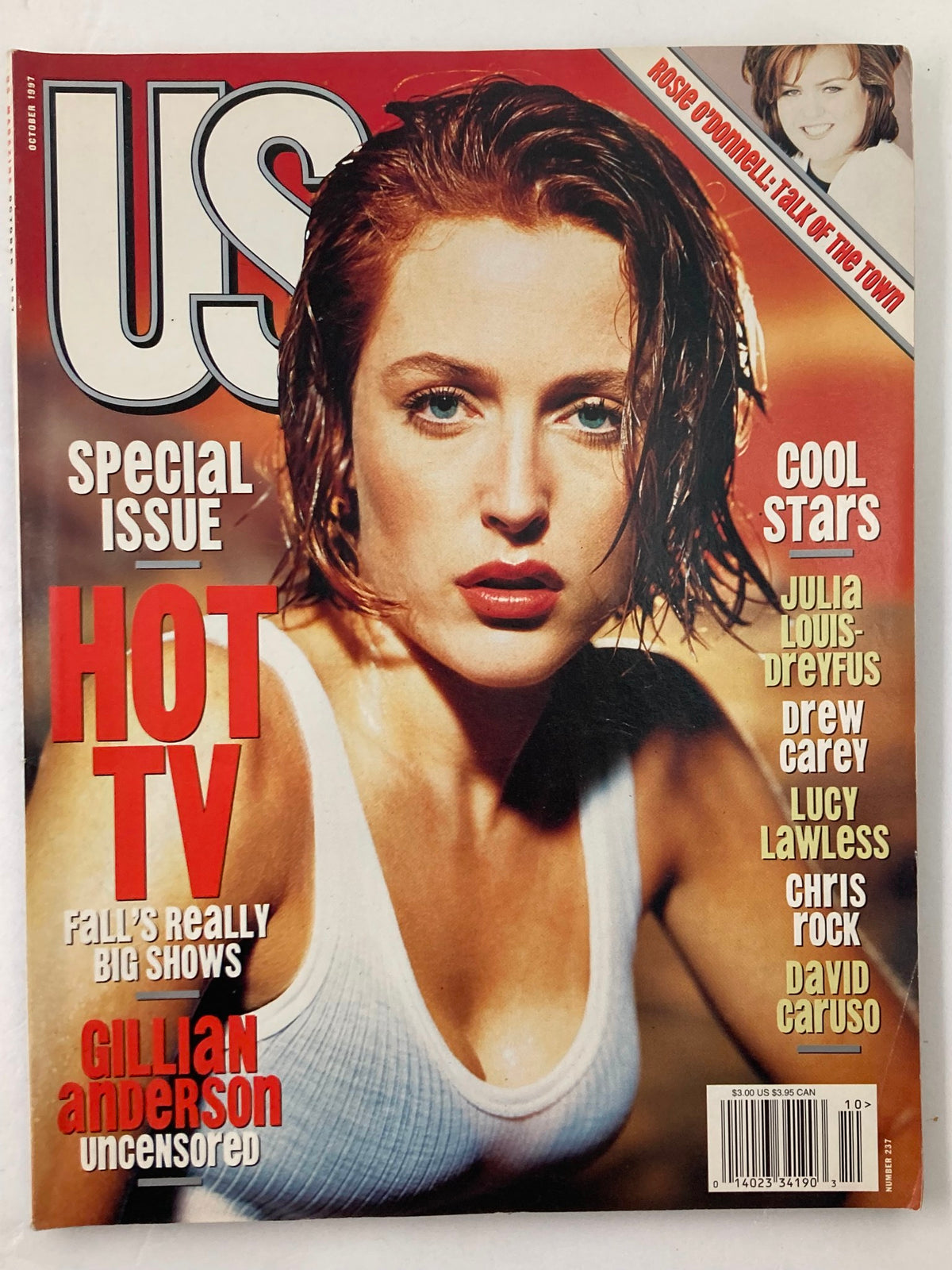 Cover of US Magazine October 1997 featuring Gillian Anderson with the headline 'Hot TV' and mentions of Rosie O'Donnell and other popular stars, highlighting significant cultural icons from the late 90s.