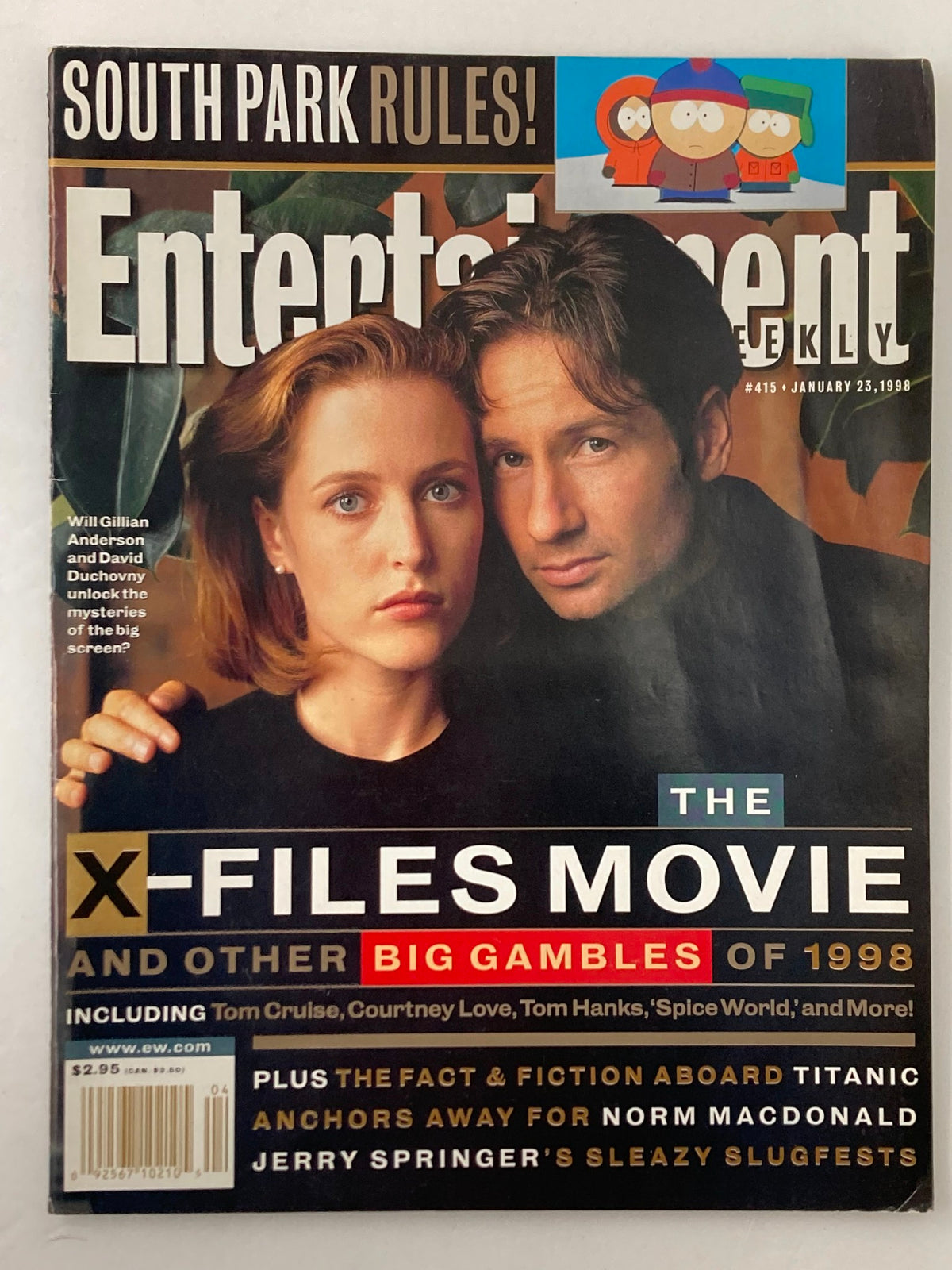 Cover of Entertainment Weekly Magazine January 23, 1998 featuring Gillian Anderson and David Duchovny, highlighting 'The X-Files Movie' and trends in entertainment, with additional mentions of Tom Cruise and South Park.