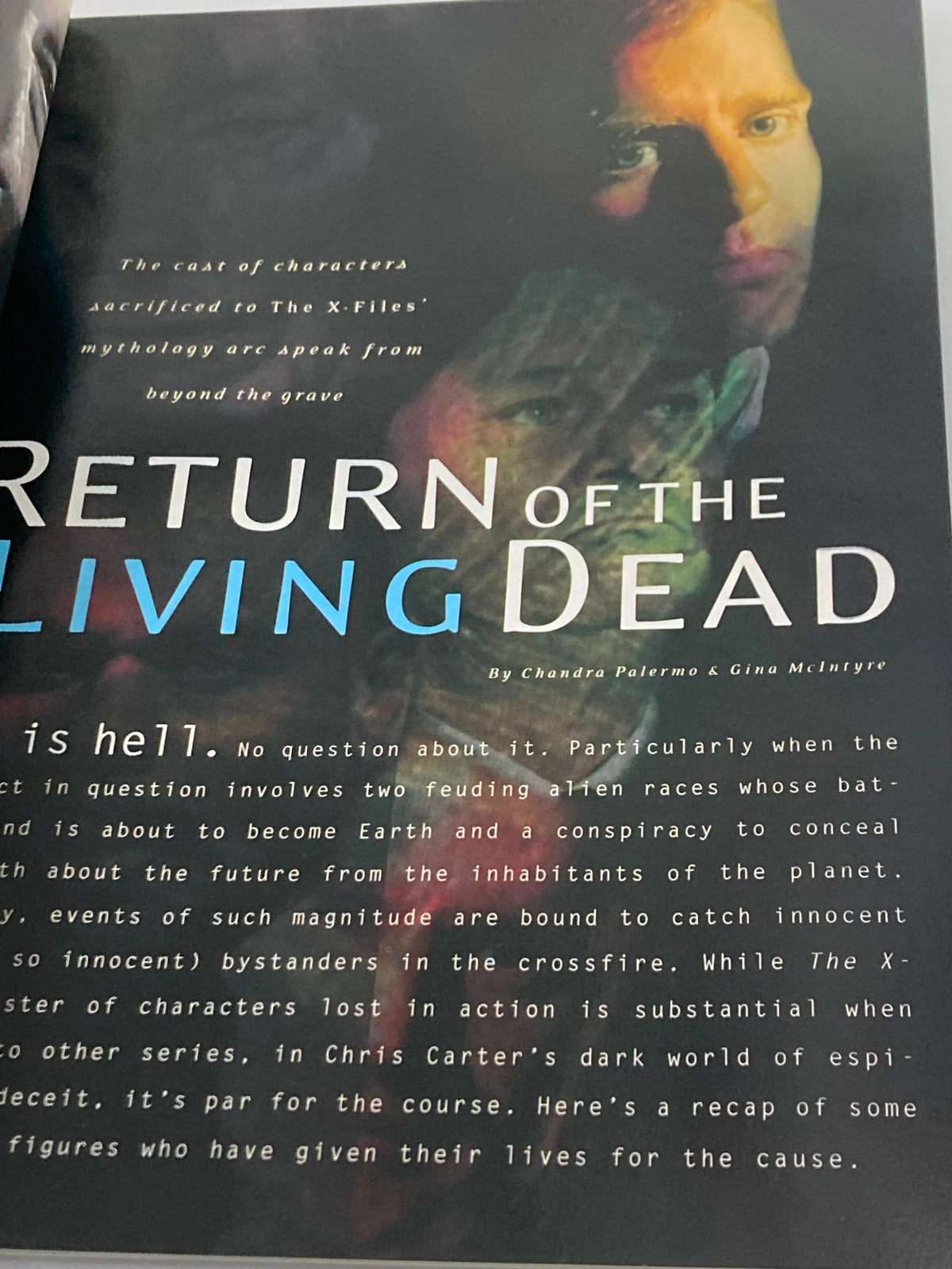 Inside page of Cinescape Presents The X-Files Yearbook 2000 discussing the characters sacrificed in the show's mythology, emphasizing the impact of their stories on viewers.