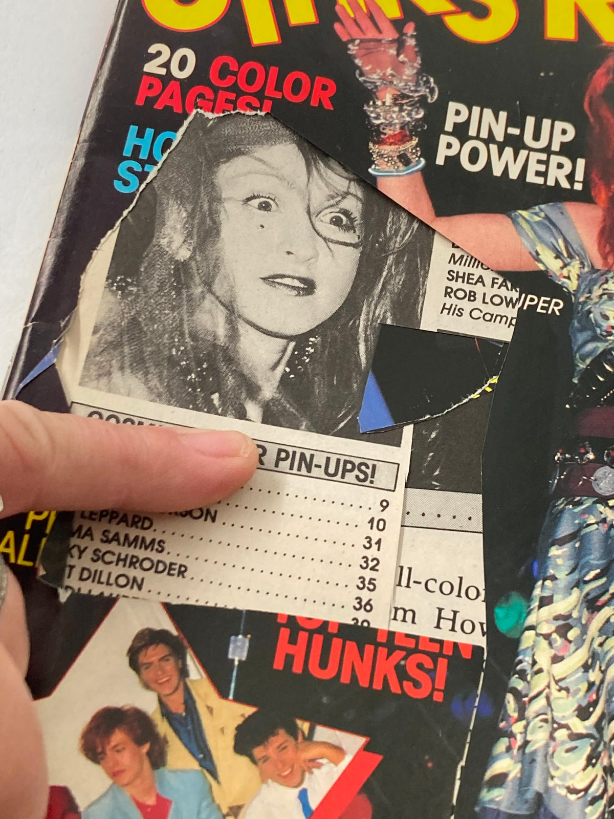 Close-up of the cover of Stars & Rockers Magazine 1984 Vol 1 #1, highlighting a pinned-up image with a surprised expression, reflecting the magazine's engaging content and vintage style.