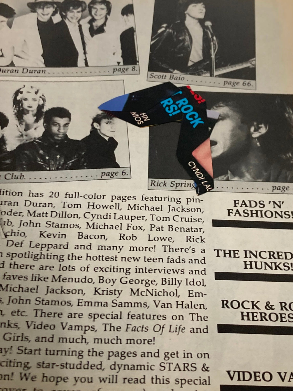 Feature spread in Stars & Rockers Magazine 1984 Vol 1 #1 displaying various 1980s music stars including a band photo, reflecting the trends and popular culture of the decade.