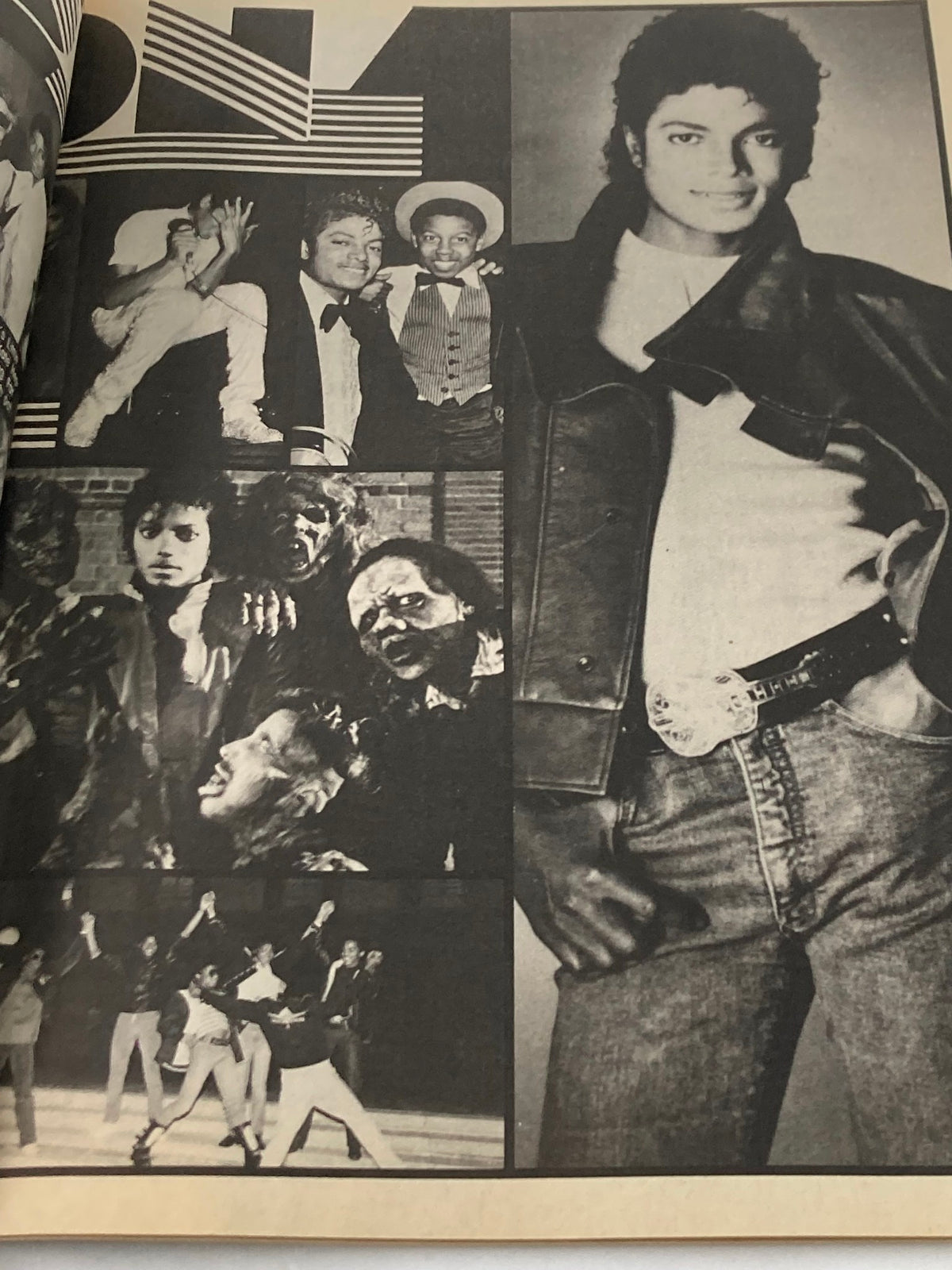 Collage of Michael Jackson photographs from Stars & Rockers Magazine 1984 Vol 1 #1, illustrating his iconic style and influence during the 1980s music scene.