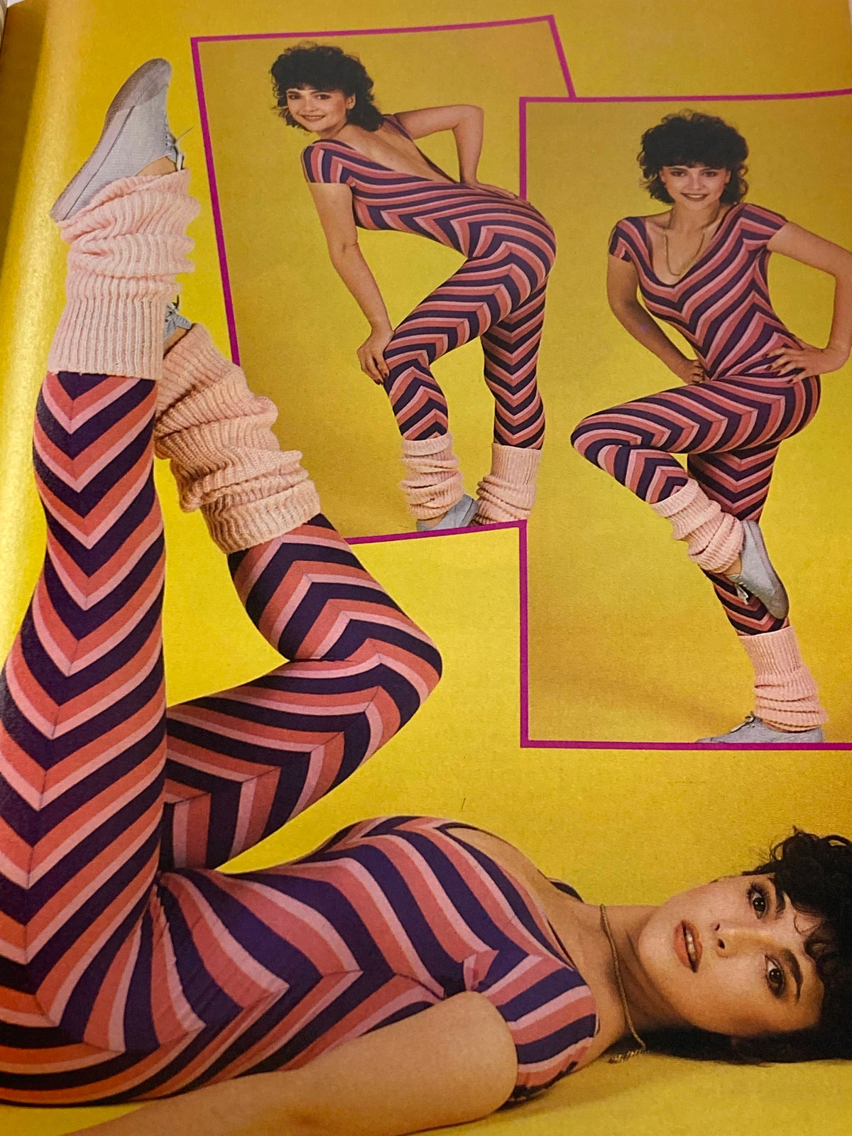 Fashion showcase in Stars & Rockers Magazine 1984 Vol 1 #1, featuring a model in vibrant workout gear, emblematic of the 1980s fitness trend.