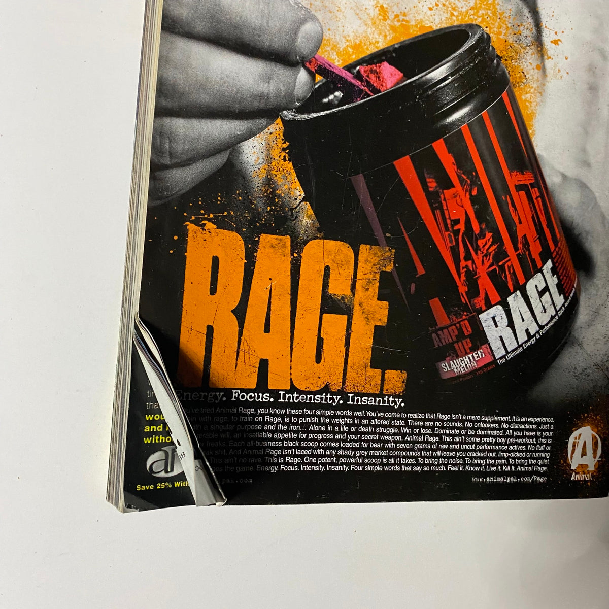 Back cover of Muscular Development Magazine September 2012, highlighting a product advertisement with the word 'RAGE' prominently displayed, targeting fitness and bodybuilding consumers.
