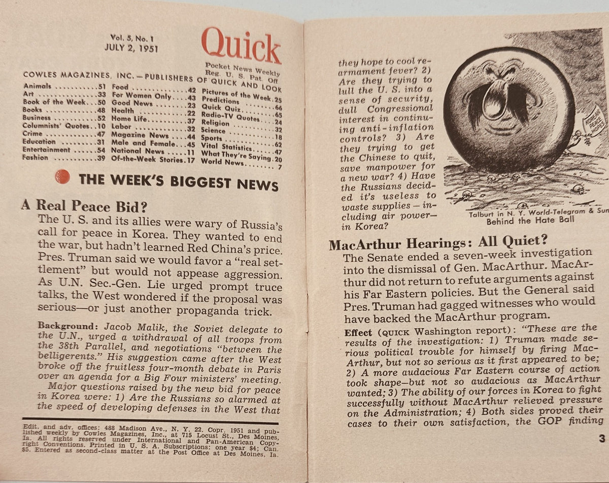 Inside pages of Quick Magazine, July 2, 1951, displaying the Table of Contents and news articles including 'A Real Peace Bid?' and 'MacArthur Hearings: All Quiet?'