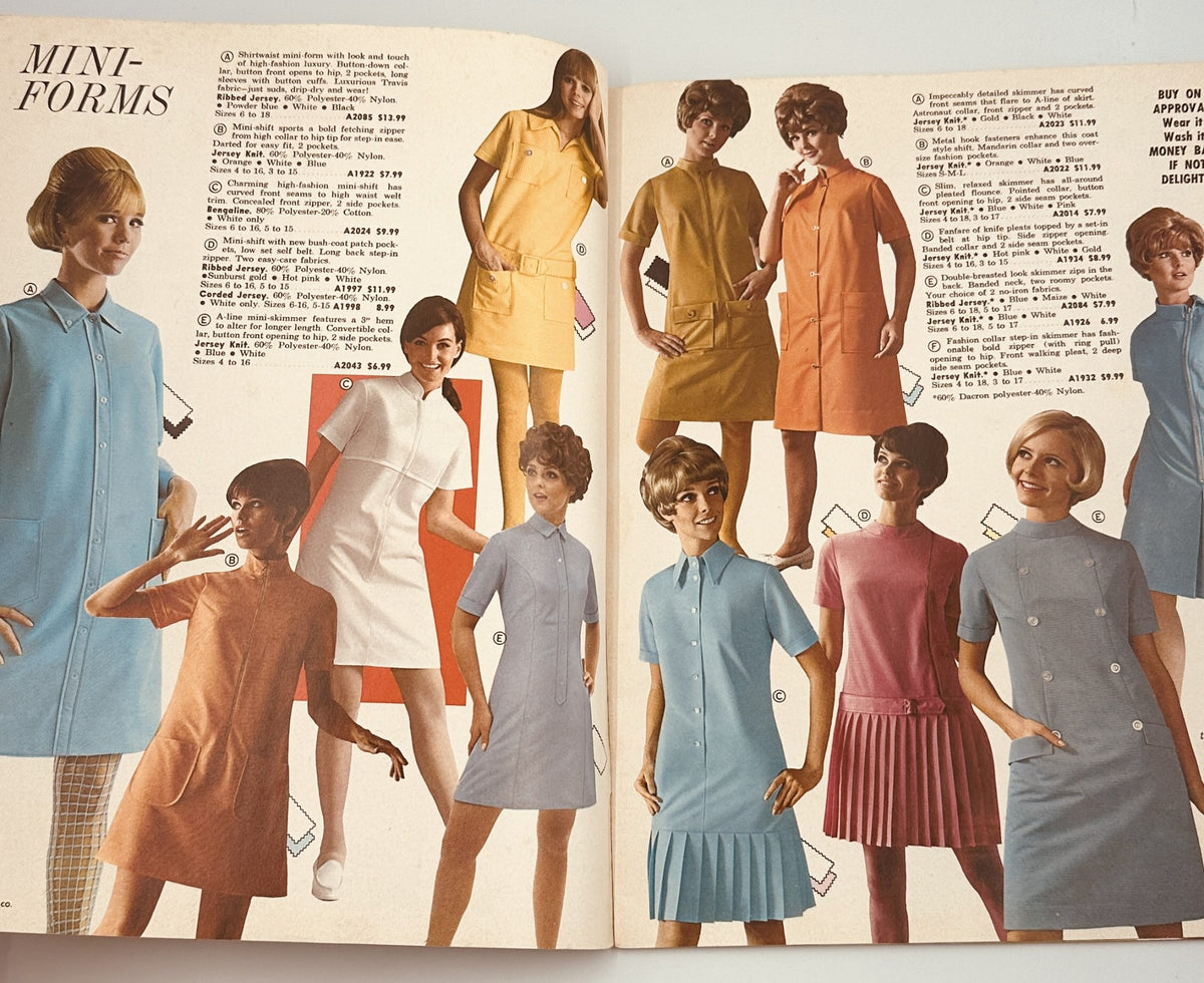 James G. Fast Catalog 1968 Nurse Uniforms Smocks Medical Apparel displaying a variety of mini-form dresses worn by models, highlighting vintage styles from the late 1960s.